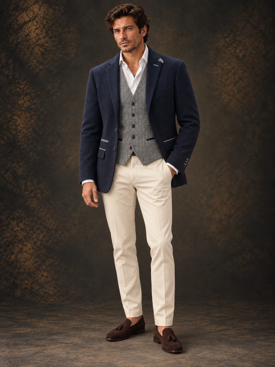 Midnight navy blazer with grey herringbone waistcoat, white shirt and ivory trousers on model