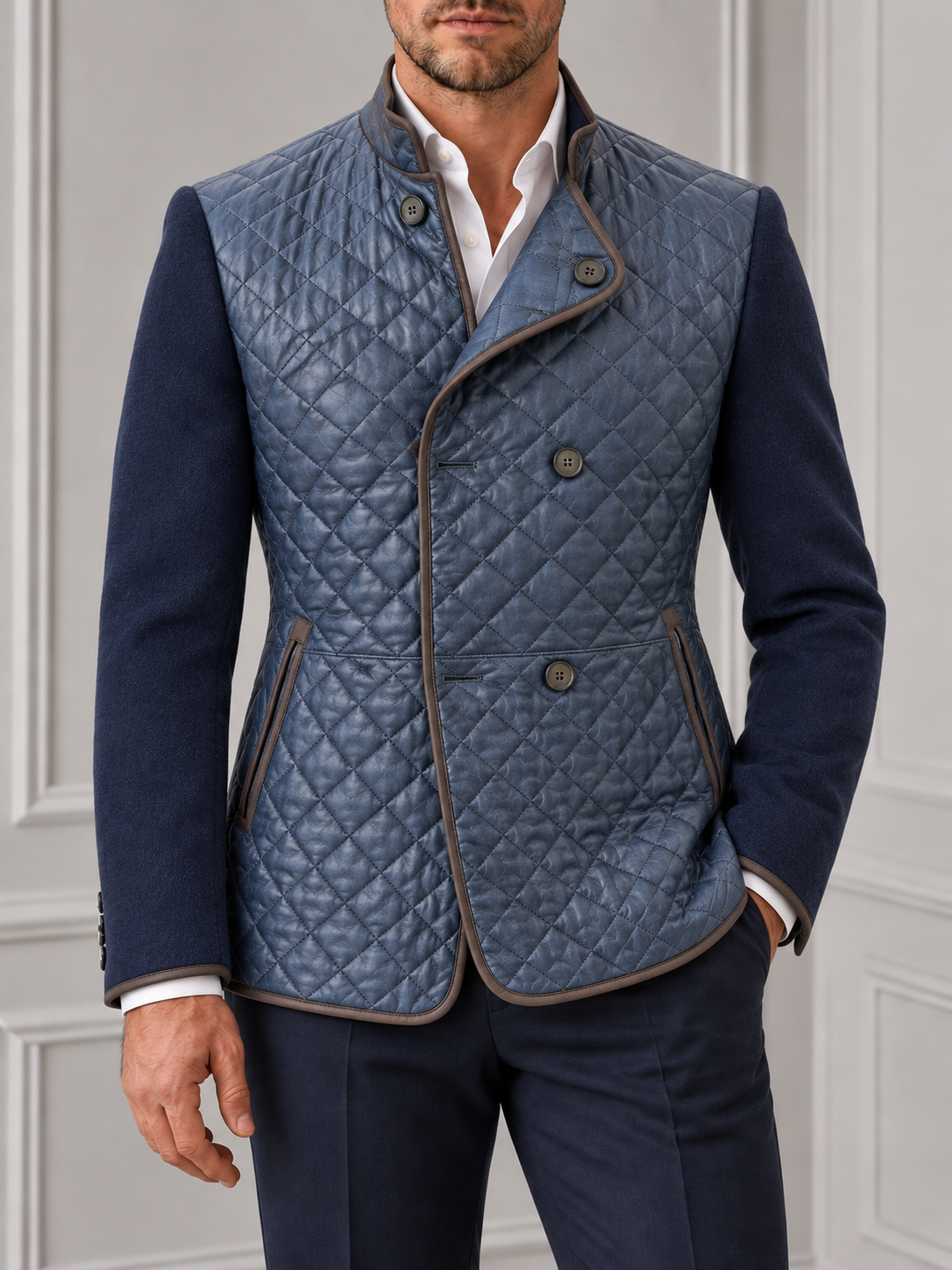 Double Breasted Diamond Stitch Nappa Leather Jacket on model against a pale grey panelled background
