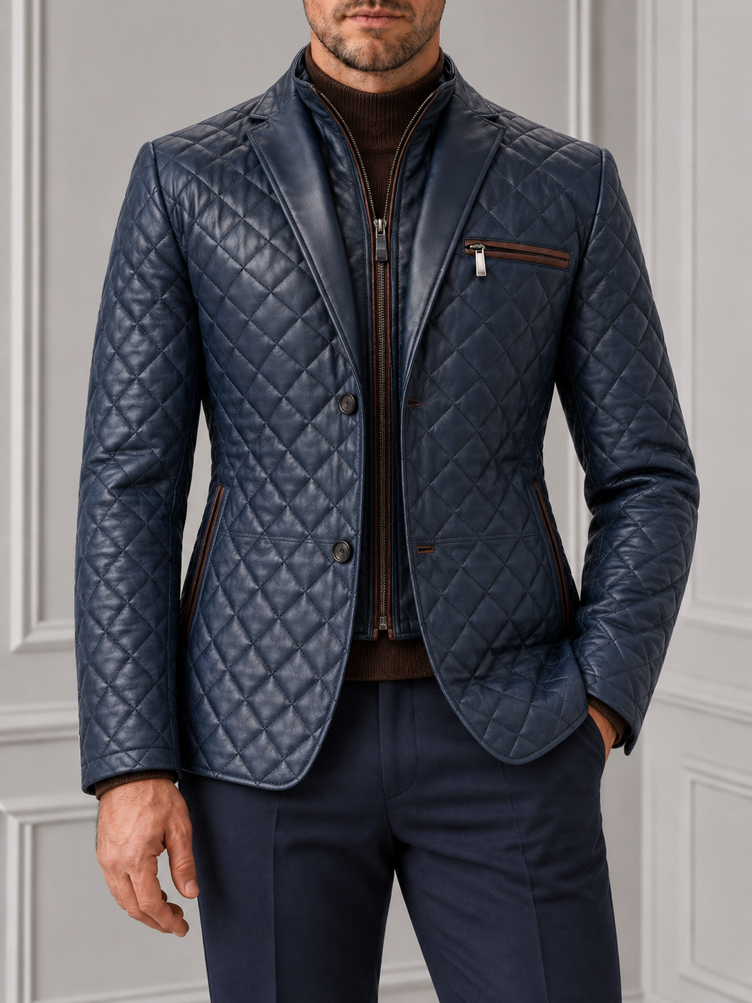Dark Evening Blue Bentley Diamond Hybrid Leather Jacket on model against a pale grey panelled background