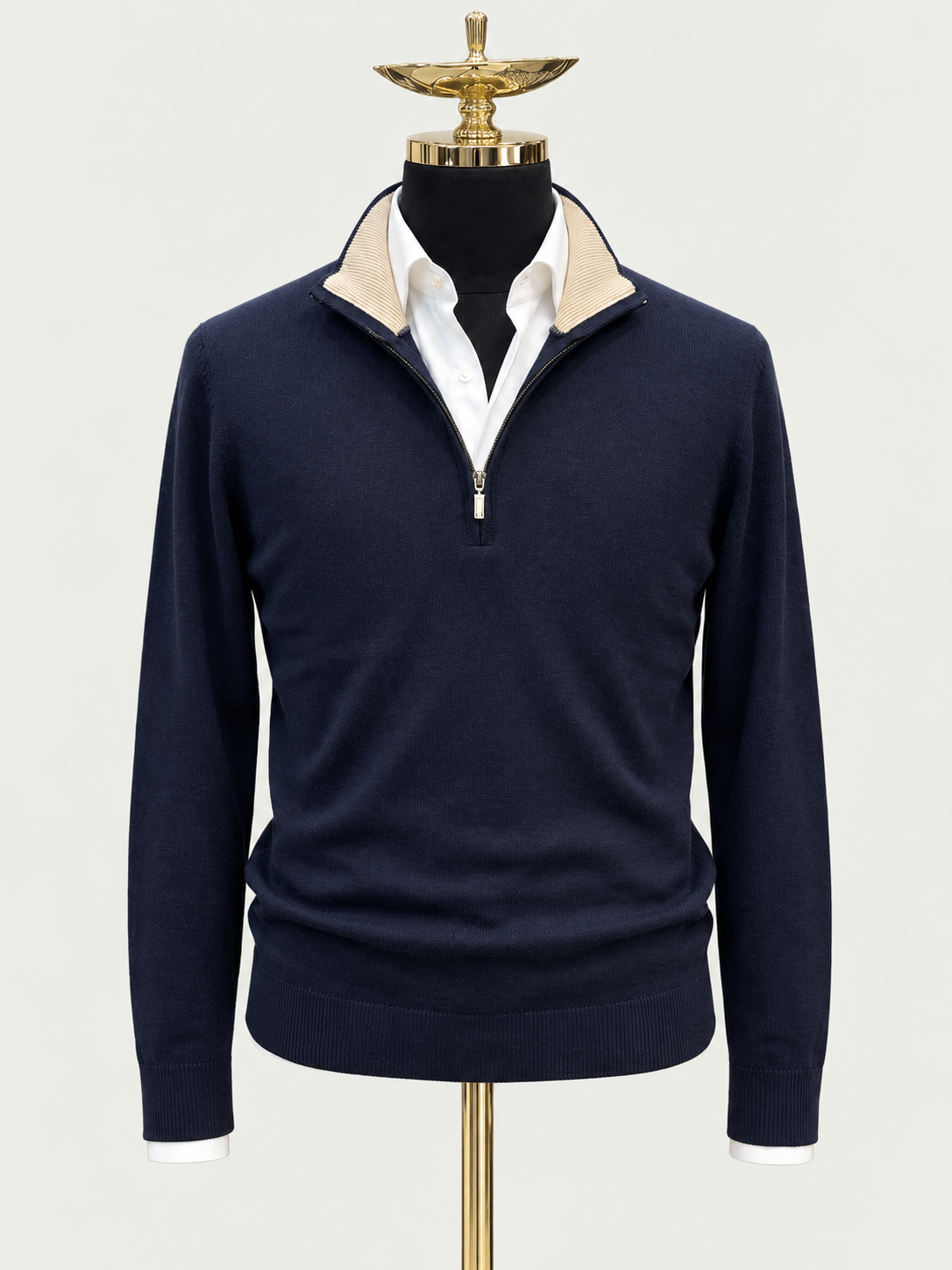 Navy Midnight Merino Wool Quarter Zip Sweater on gold mannequin against pale grey background