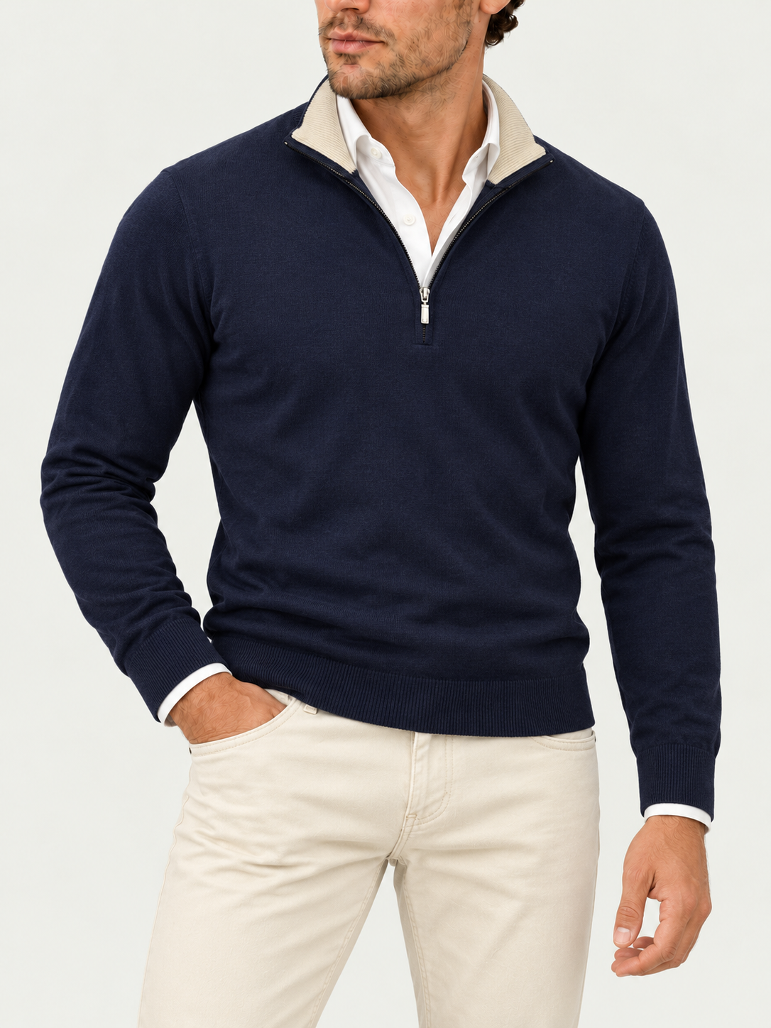 Navy Midnight Merino Wool Quarter Zip Sweater styled with off-white Holiday moleskin jeans and white shirt