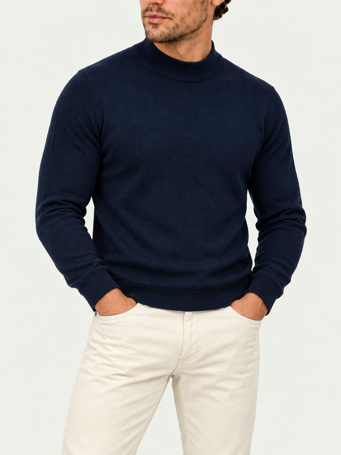 Navy Mock Neck styled with off-white Holiday moleskin jeans