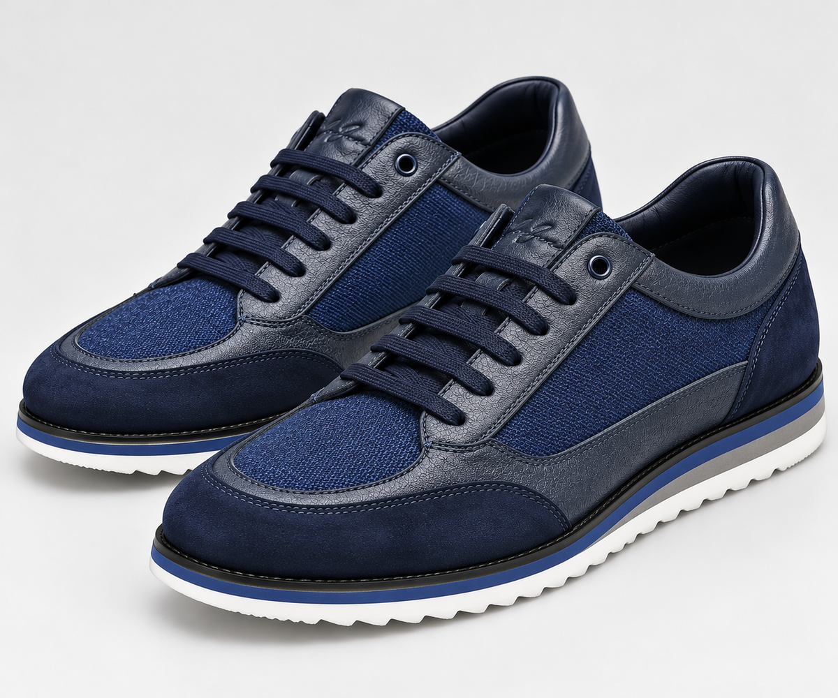 Pair of navy panel trainers with blue and grey sole bands