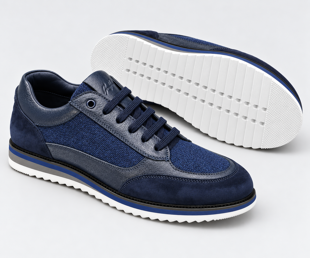 Navy panel trainer showing layered sole and white outsole