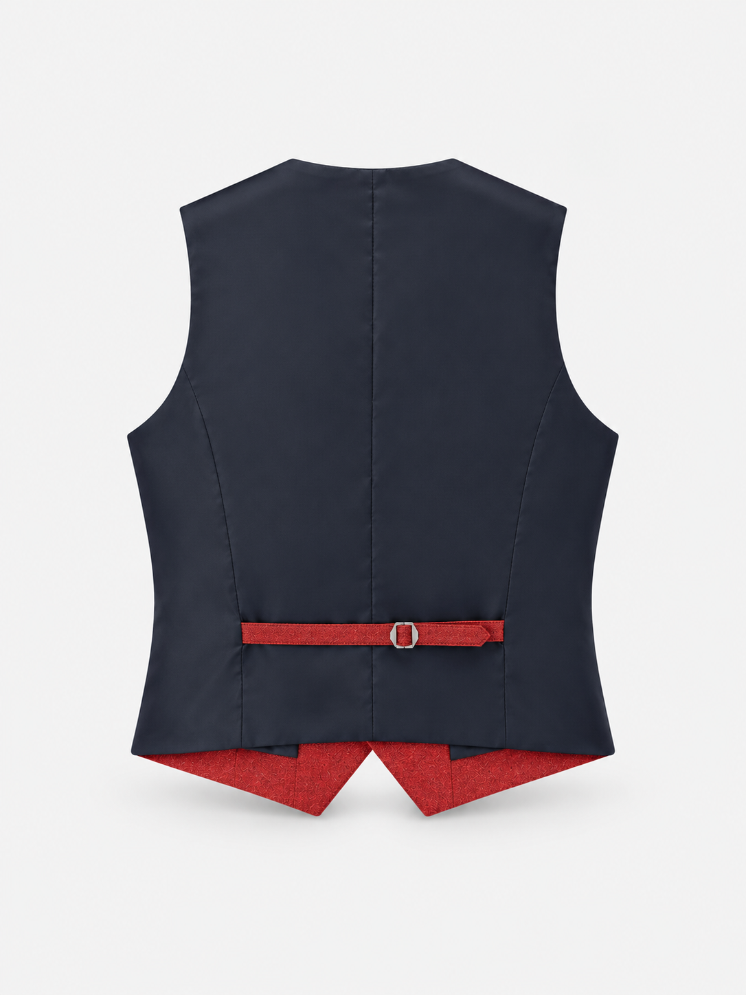 Red waistcoat back view with navy panel and red adjustment strap on pale grey background