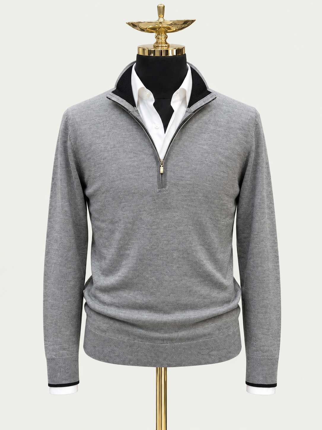 Silver Midnight Merino Wool Quarter Zip Sweater on gold mannequin against pale grey background