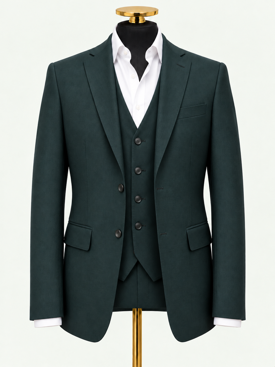 The Regent Forest Green Wool Blend 3-Piece Suit on a gold mannequin against pale grey