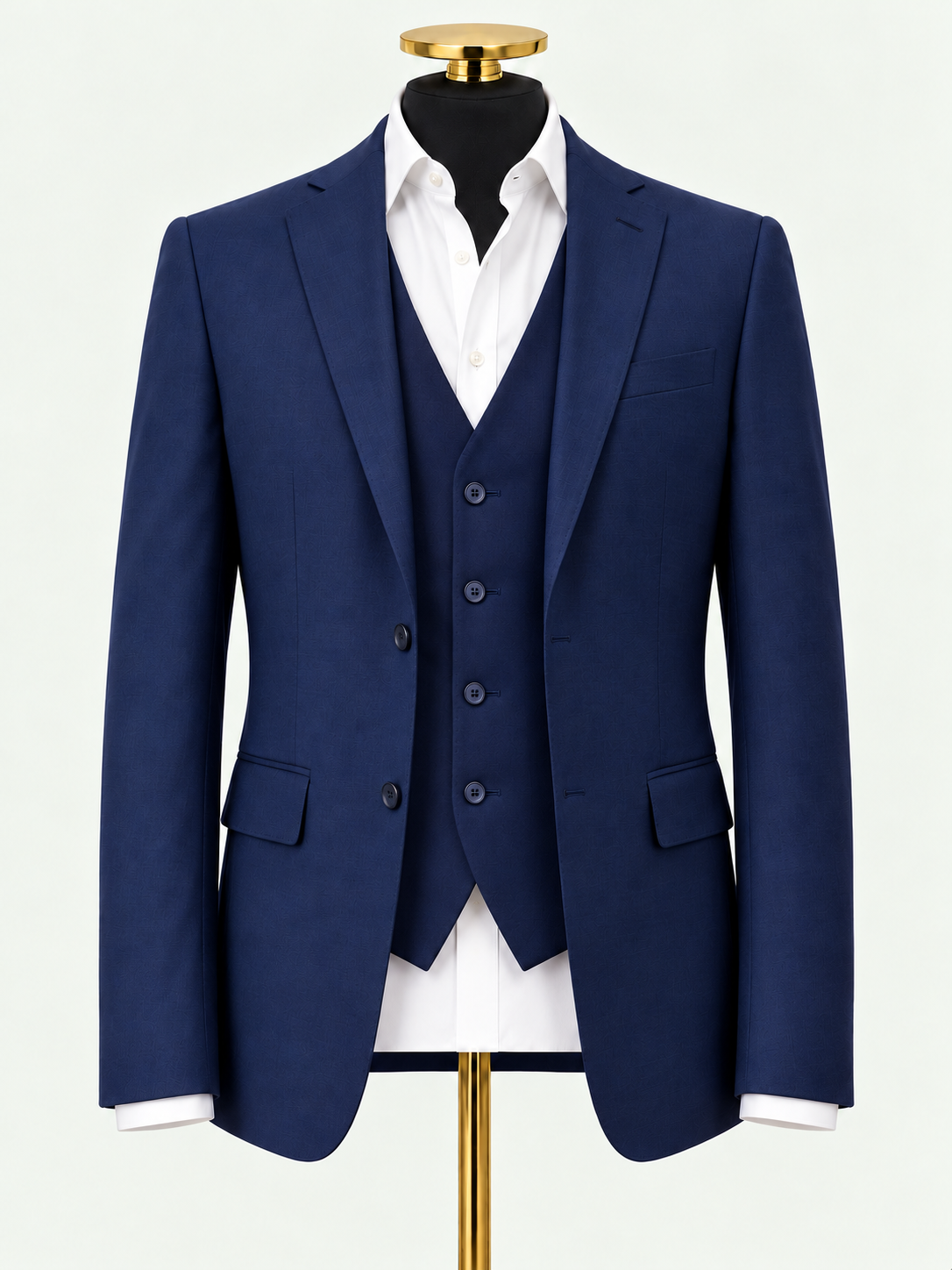 The Regent Navy Wool Blend Three-Piece Suit on a gold mannequin against pale grey